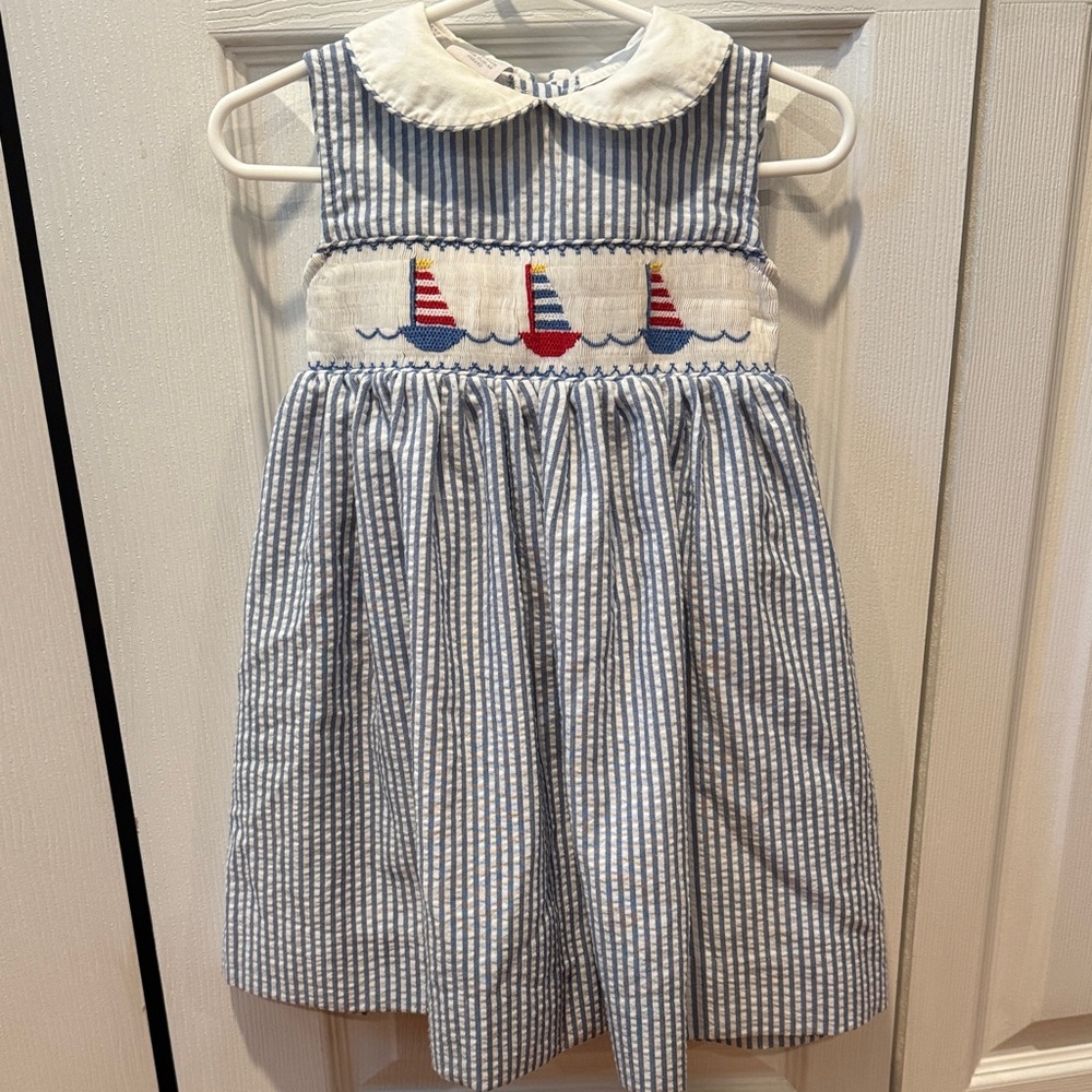Boutique 24m seersucker Blue and White smocked toddler dress with sailboats